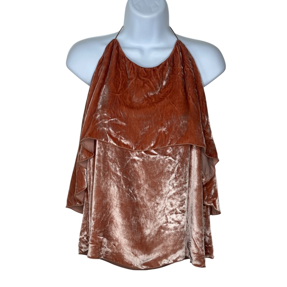 Alice + Olivia Marybeth Halter Top Large Terracotta Silk Velvet Tiered Draped - Picture 2 of 9